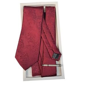 JEMYGINS Men's Silk Blend Jacquard Floral Necktie and Pocket Square Set Red A20Q